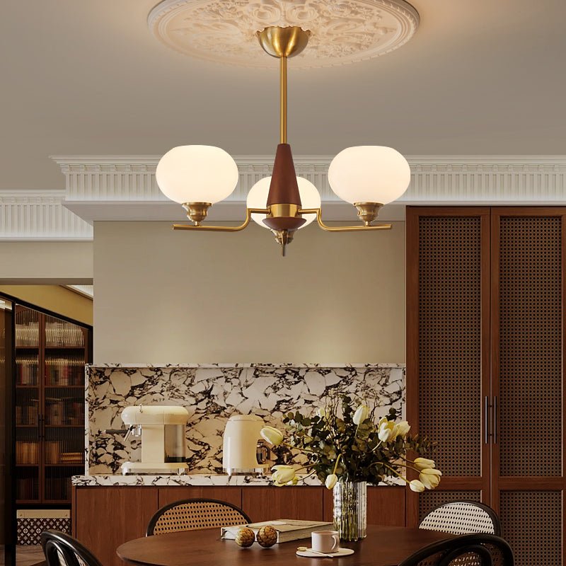 Lustra Chandelier Walnut Frosted Glass Globes-Neutral Decor