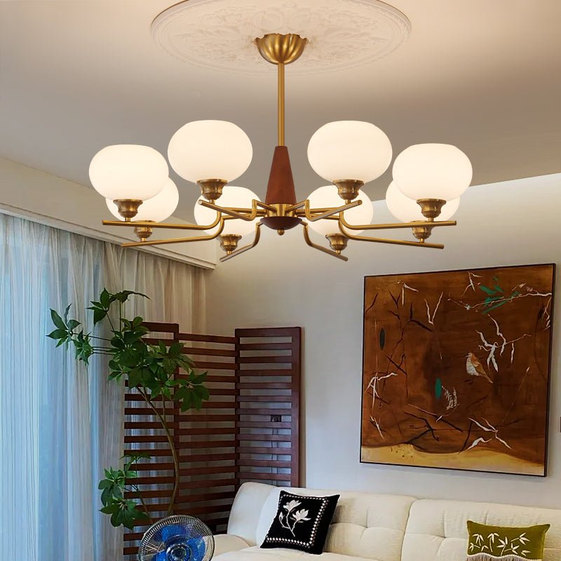 Lustra Chandelier Walnut Frosted Glass Globes-Neutral Decor