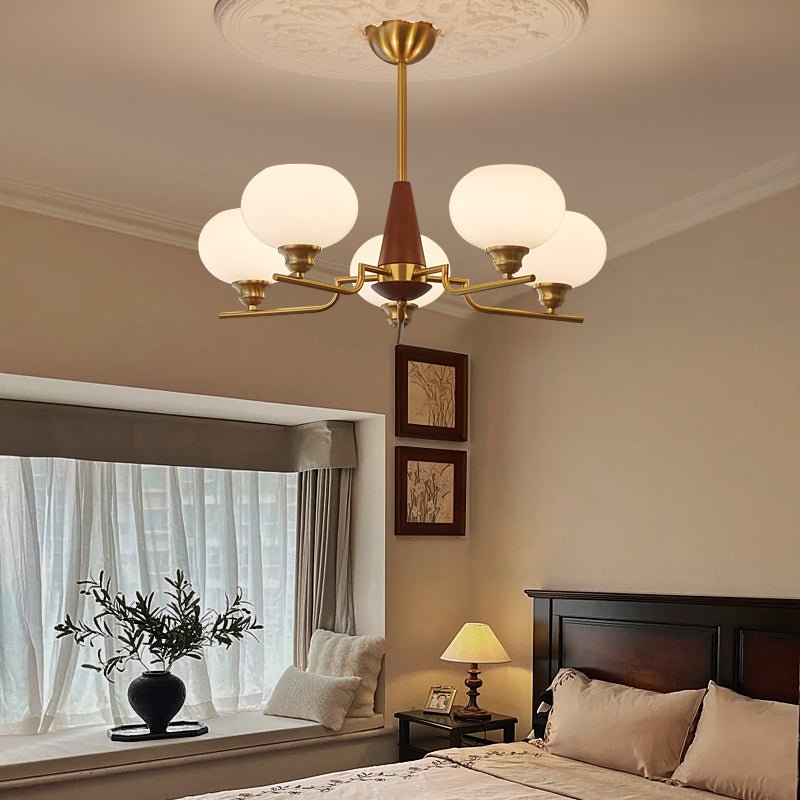 Lustra Chandelier Walnut Frosted Glass Globes-Neutral Decor