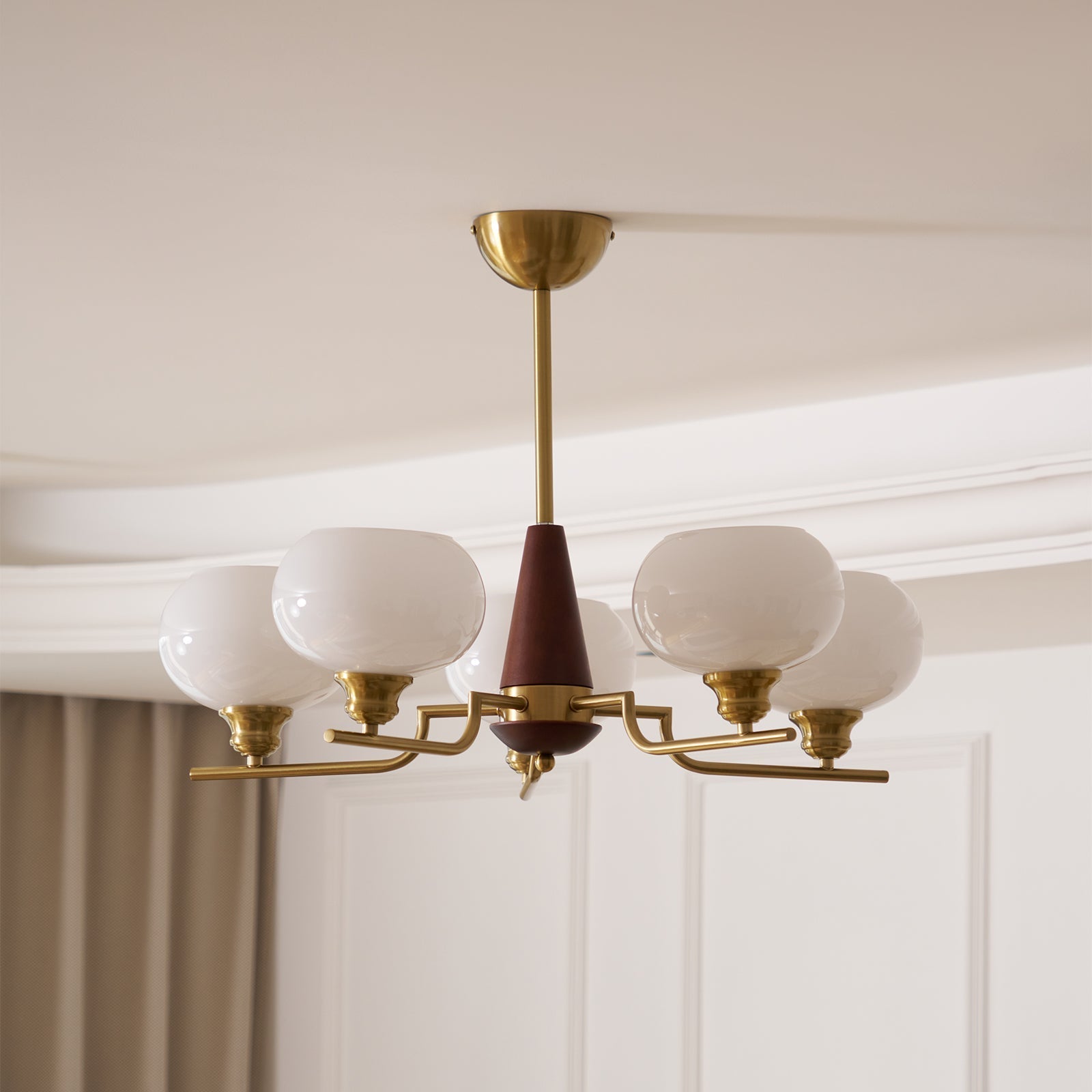 Lustra Chandelier Walnut Frosted Glass Globes-Neutral Decor