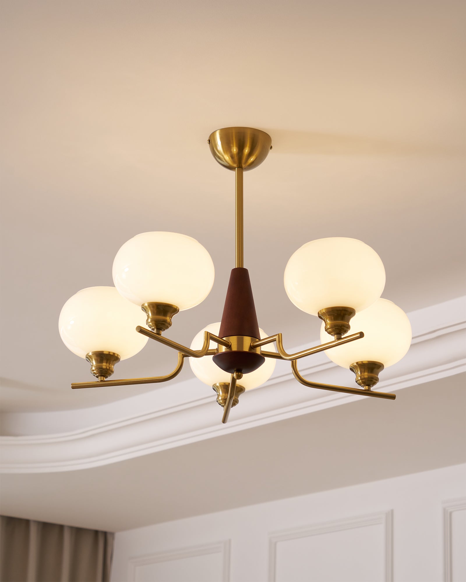 Lustra Chandelier Walnut Frosted Glass Globes-Neutral Decor