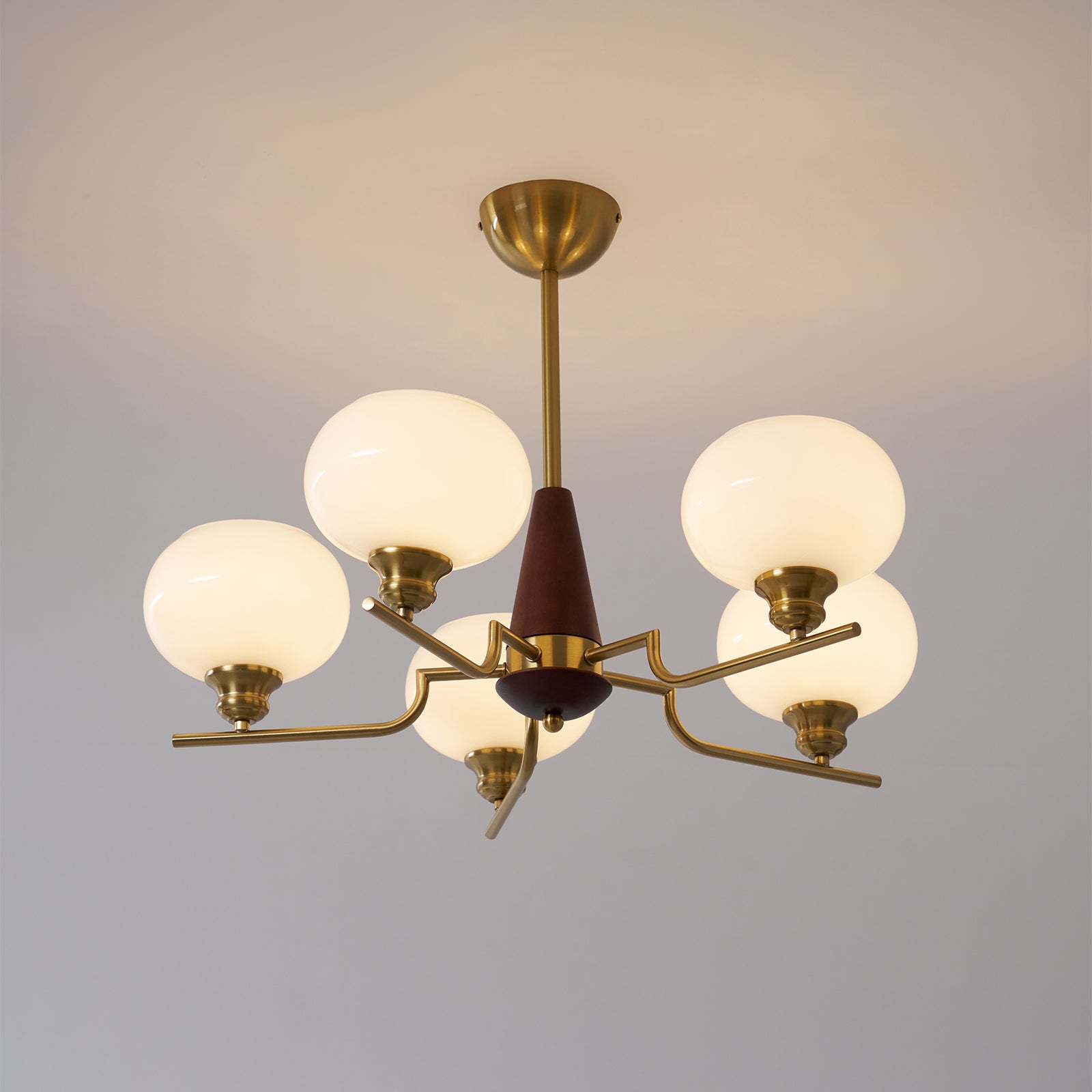 Lustra Chandelier Walnut Frosted Glass Globes-Neutral Decor