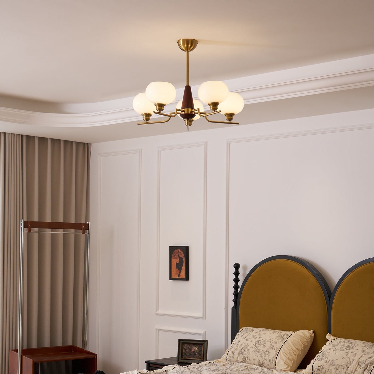 Lustra Chandelier Walnut Frosted Glass Globes-Neutral Decor
