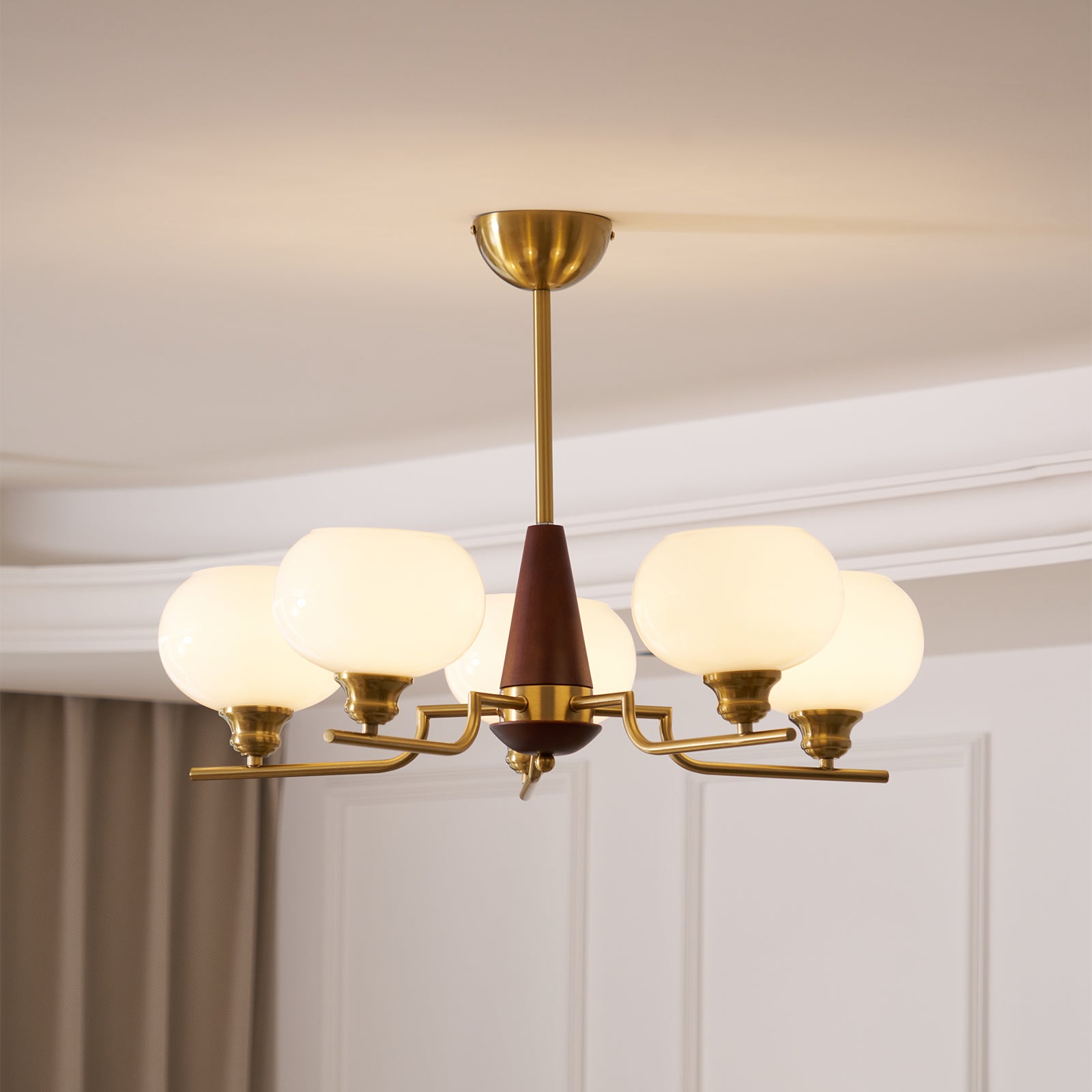 Lustra Chandelier Walnut Frosted Glass Globes-Neutral Decor