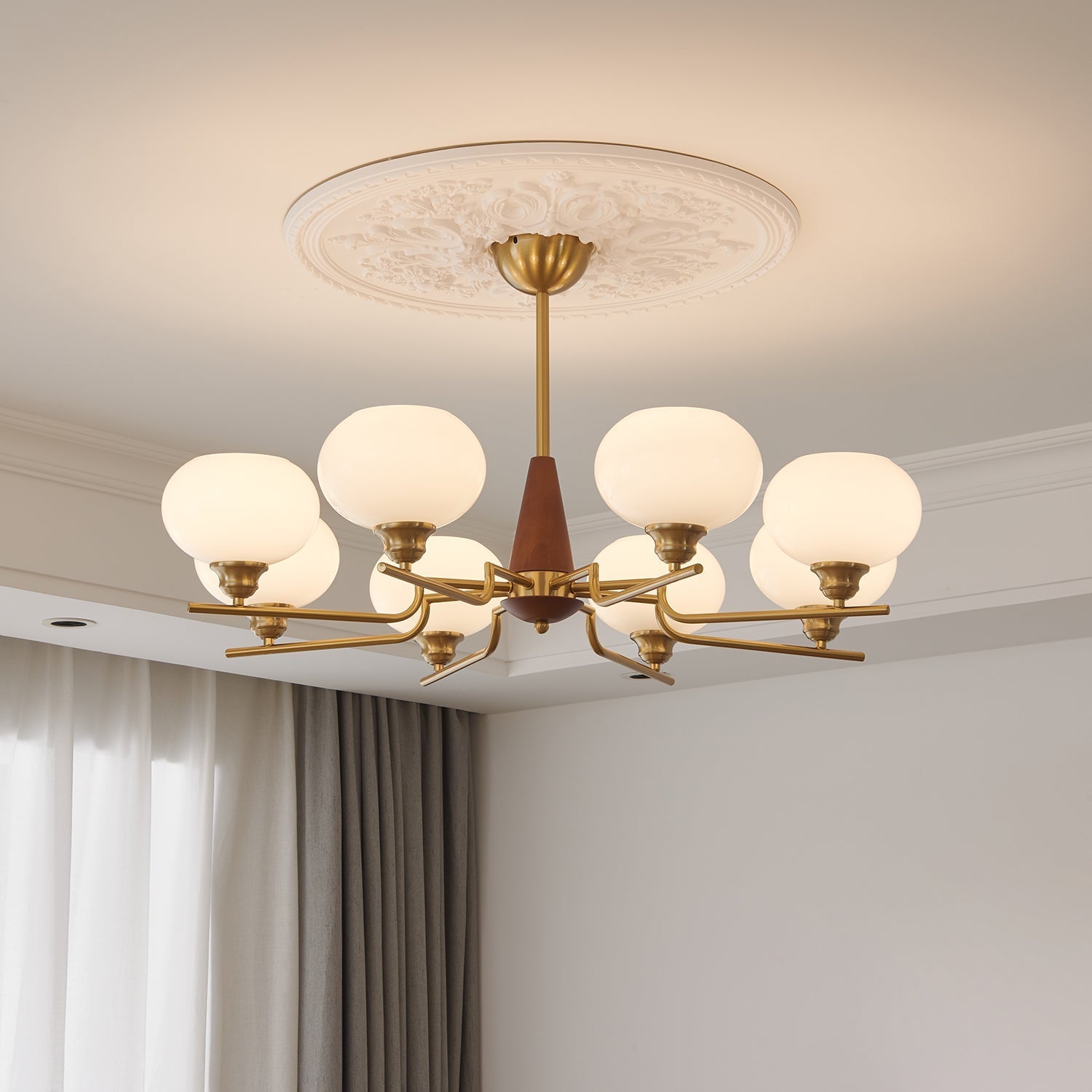 Lustra Chandelier Walnut Frosted Glass Globes-Neutral Decor