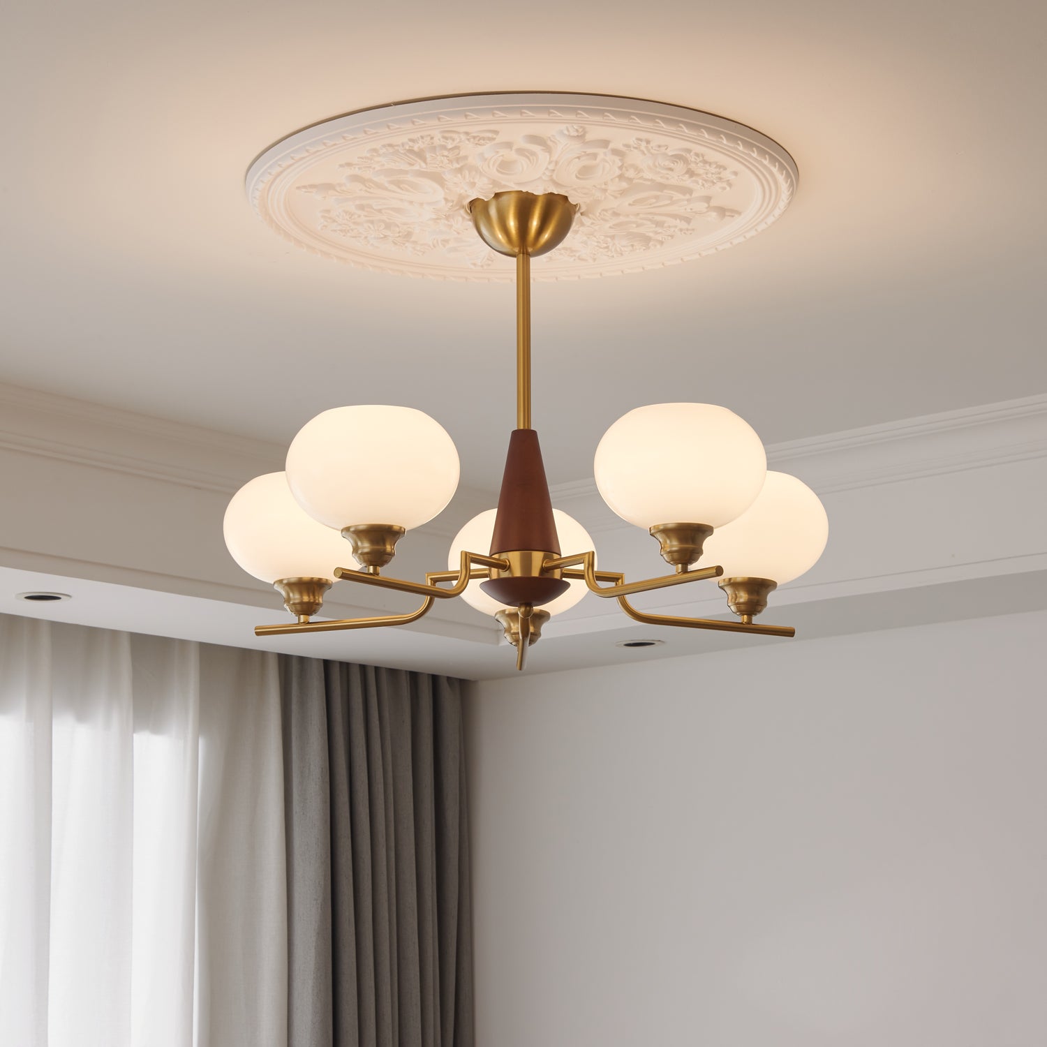 Lustra Chandelier Walnut Frosted Glass Globes-Neutral Decor