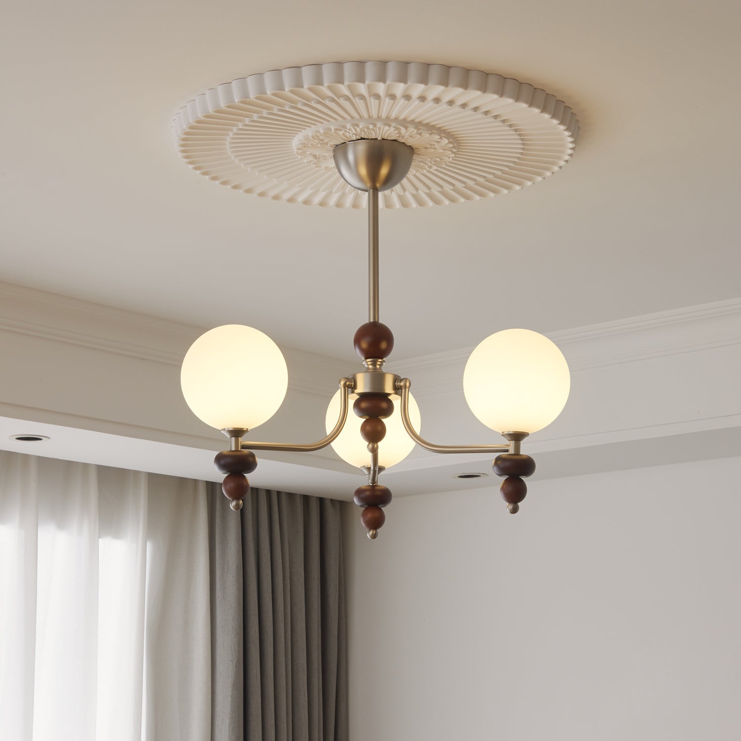 Cemarus Traditional Sphere Walnut Wood Glass Chandelier-Neutral Decor