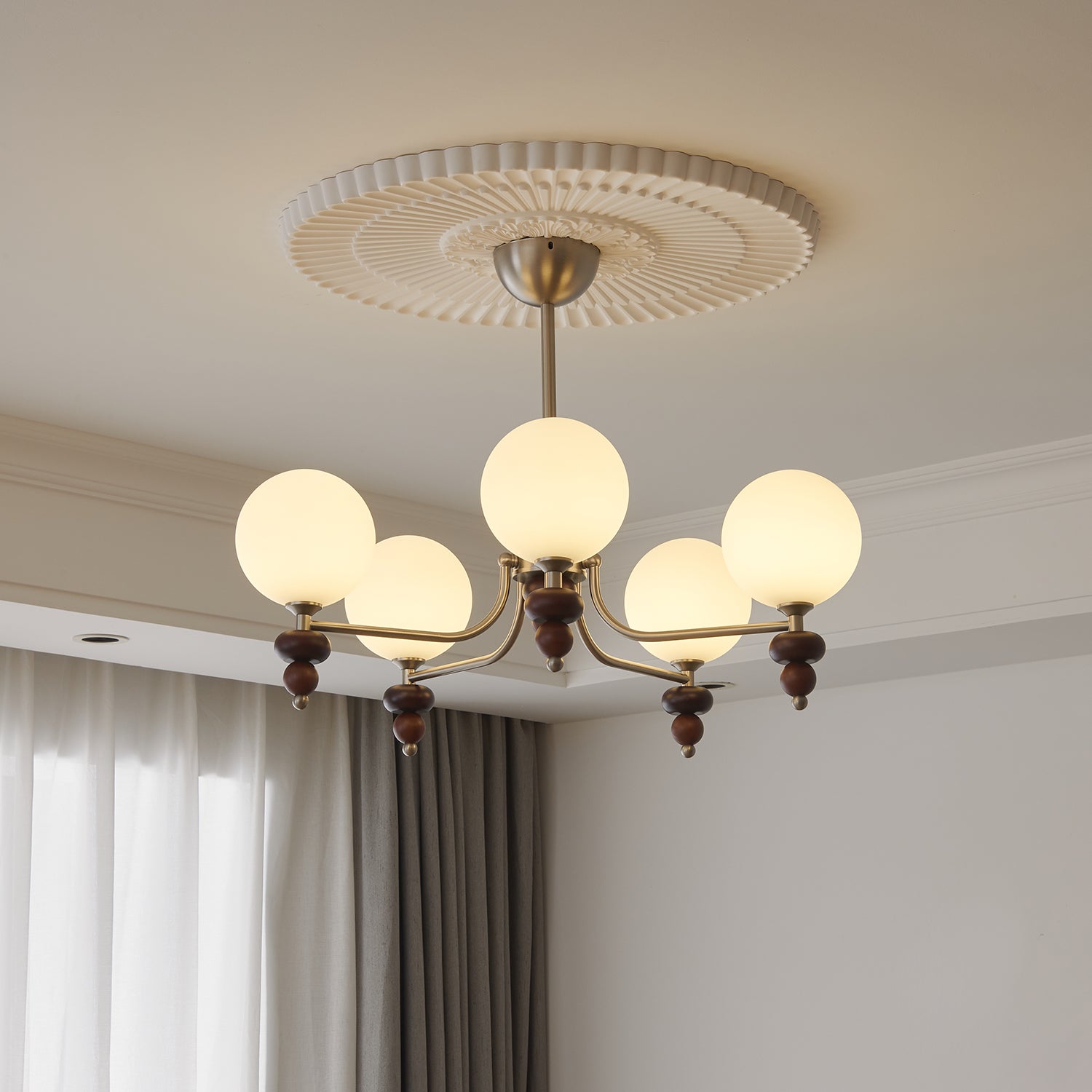Cemarus Traditional Sphere Walnut Wood Glass Chandelier-Neutral Decor