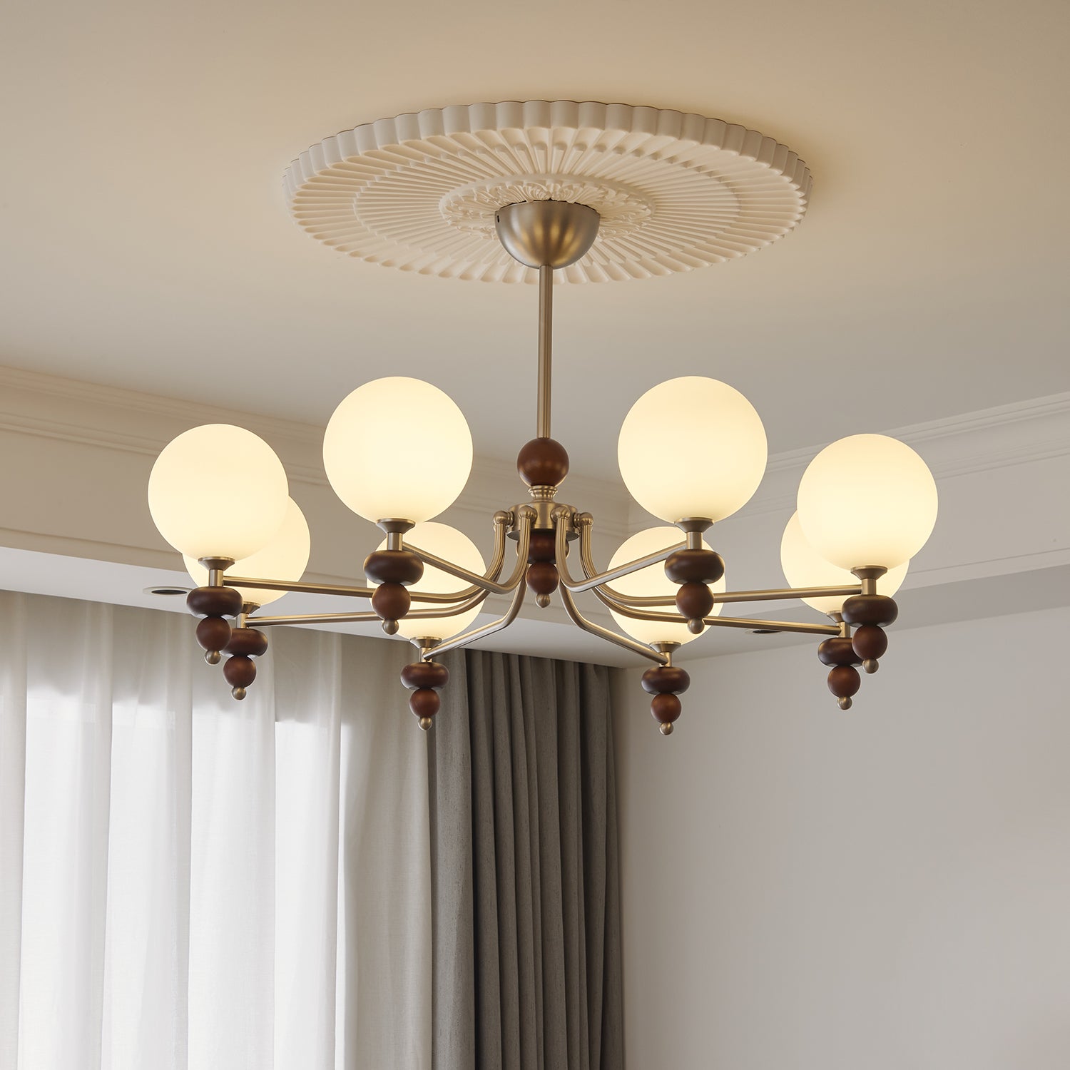 Cemarus Traditional Sphere Walnut Wood Glass Chandelier-Neutral Decor