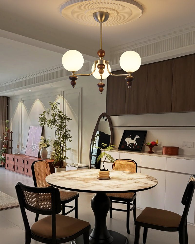 Cemarus Traditional Sphere Walnut Wood Glass Chandelier-Neutral Decor