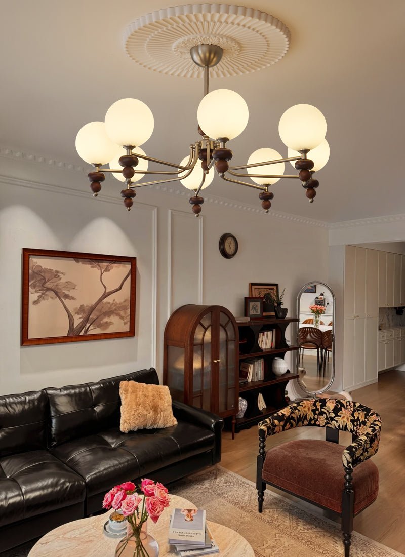 Cemarus Traditional Sphere Walnut Wood Glass Chandelier-Neutral Decor