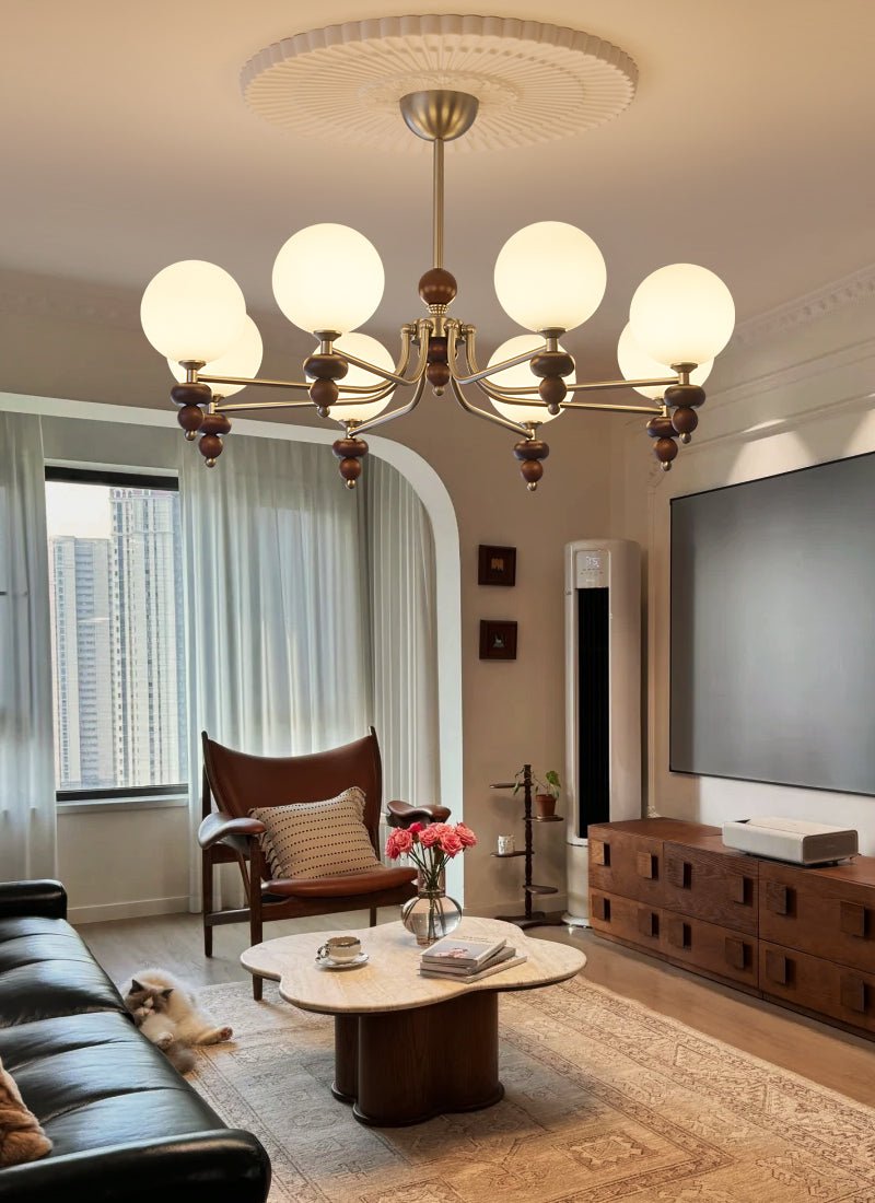 Cemarus Traditional Sphere Walnut Wood Glass Chandelier-Neutral Decor