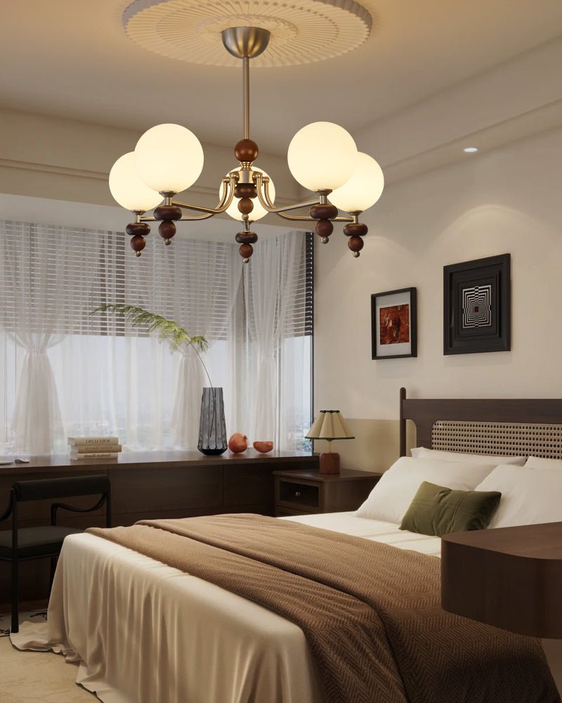 Cemarus Traditional Sphere Walnut Wood Glass Chandelier-Neutral Decor