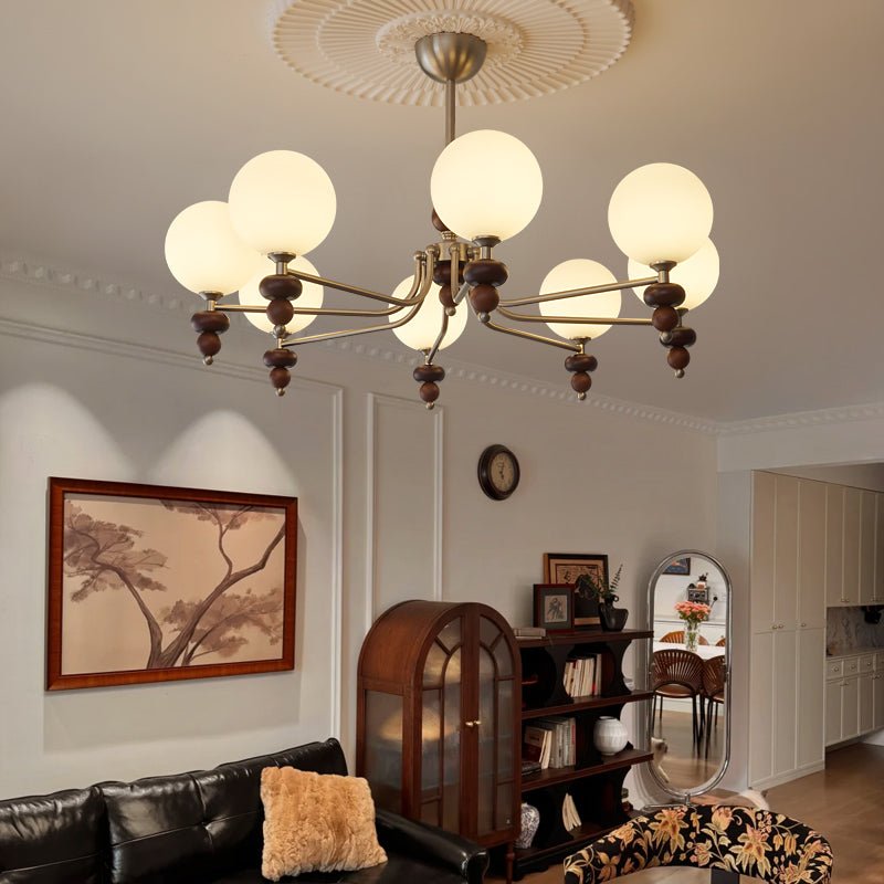 Cemarus Traditional Sphere Walnut Wood Glass Chandelier-Neutral Decor