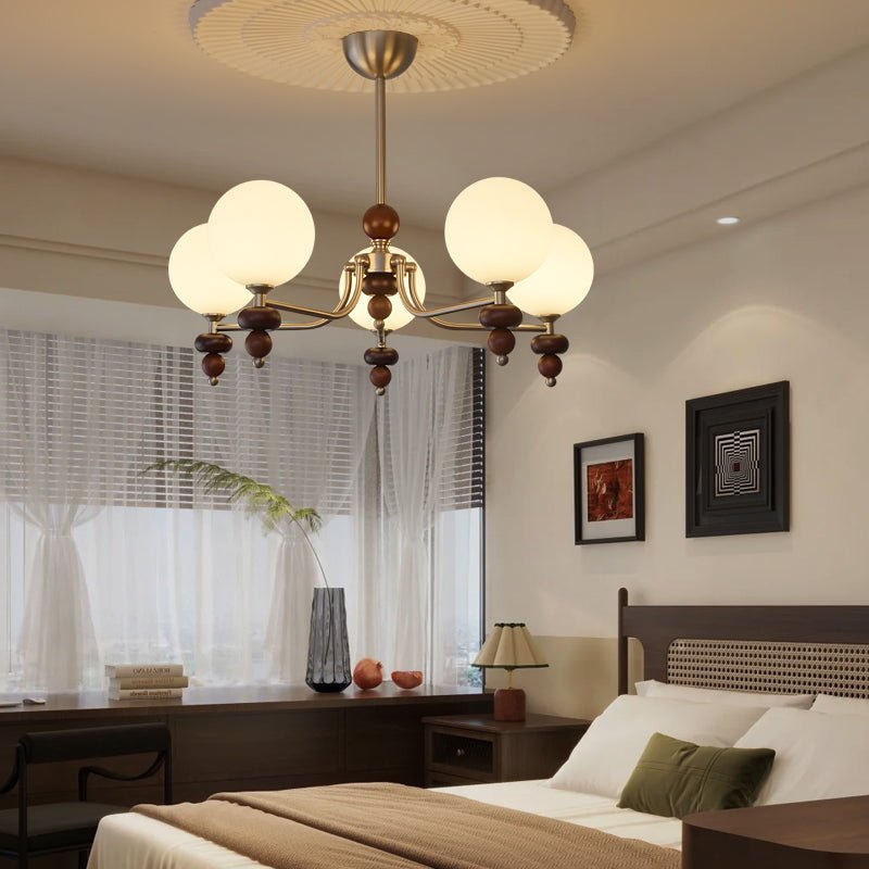 Cemarus Traditional Sphere Walnut Wood Glass Chandelier-Neutral Decor