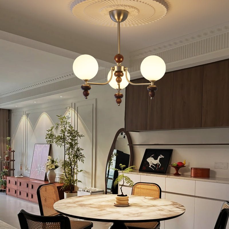 Cemarus Traditional Sphere Walnut Wood Glass Chandelier-Neutral Decor