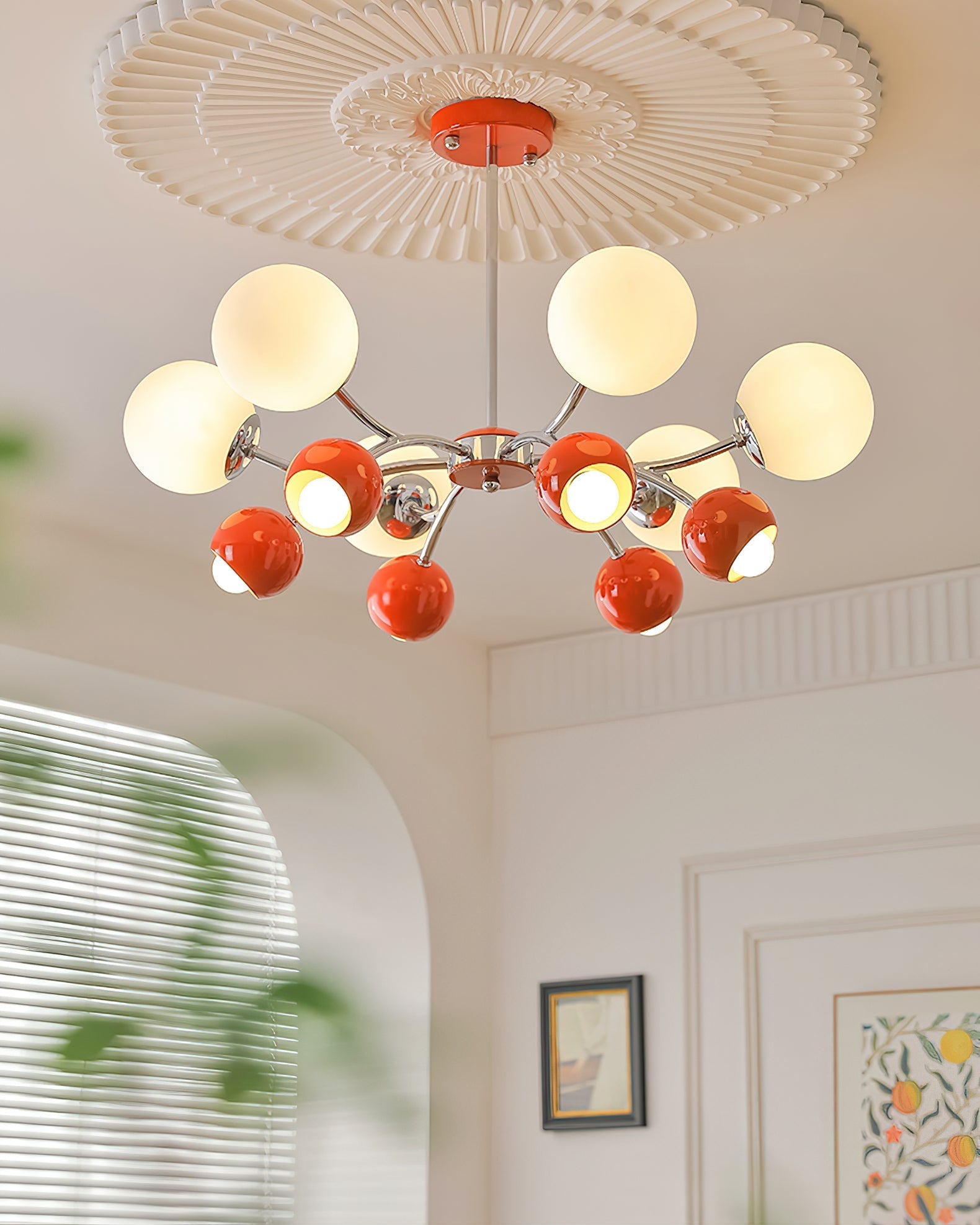 Noxiren Chandelier Chrome Red Cream Globe-Neutral Decor