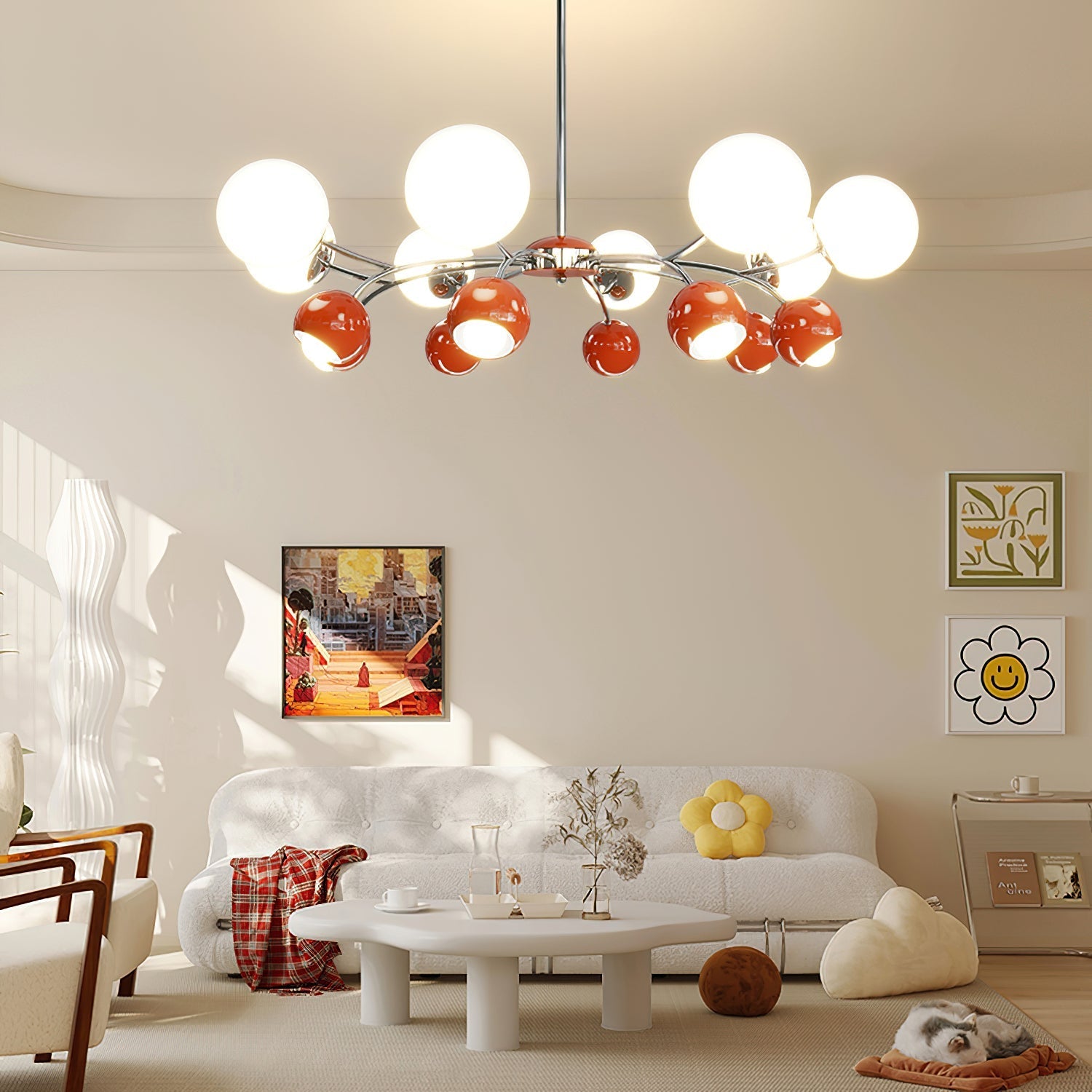 Noxiren Chandelier Chrome Red Cream Globe-Neutral Decor