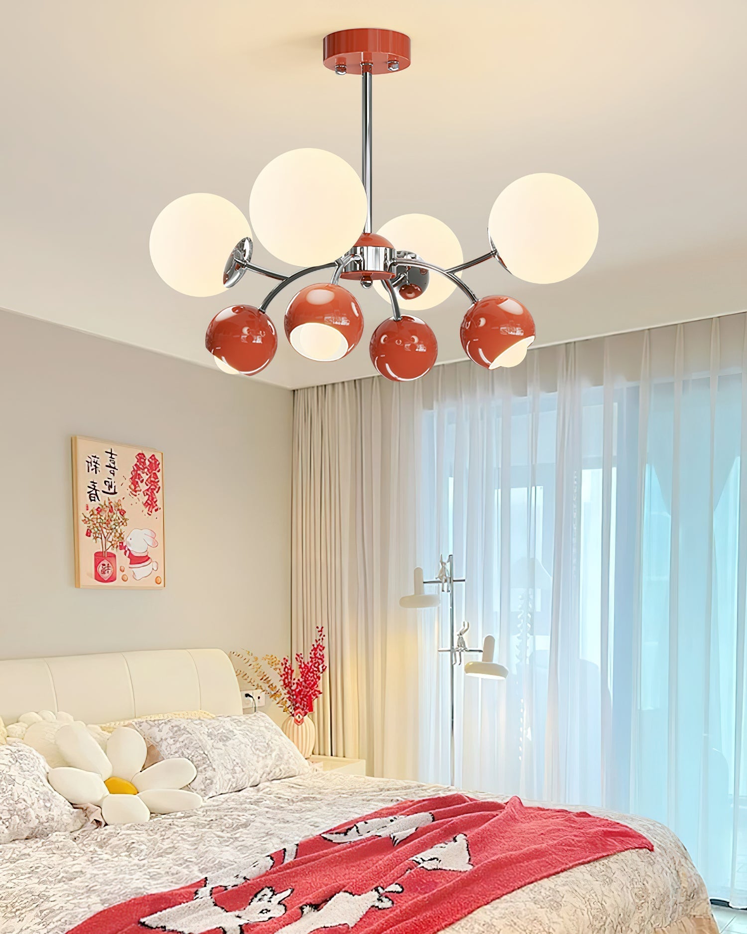 Noxiren Chandelier Chrome Red Cream Globe-Neutral Decor