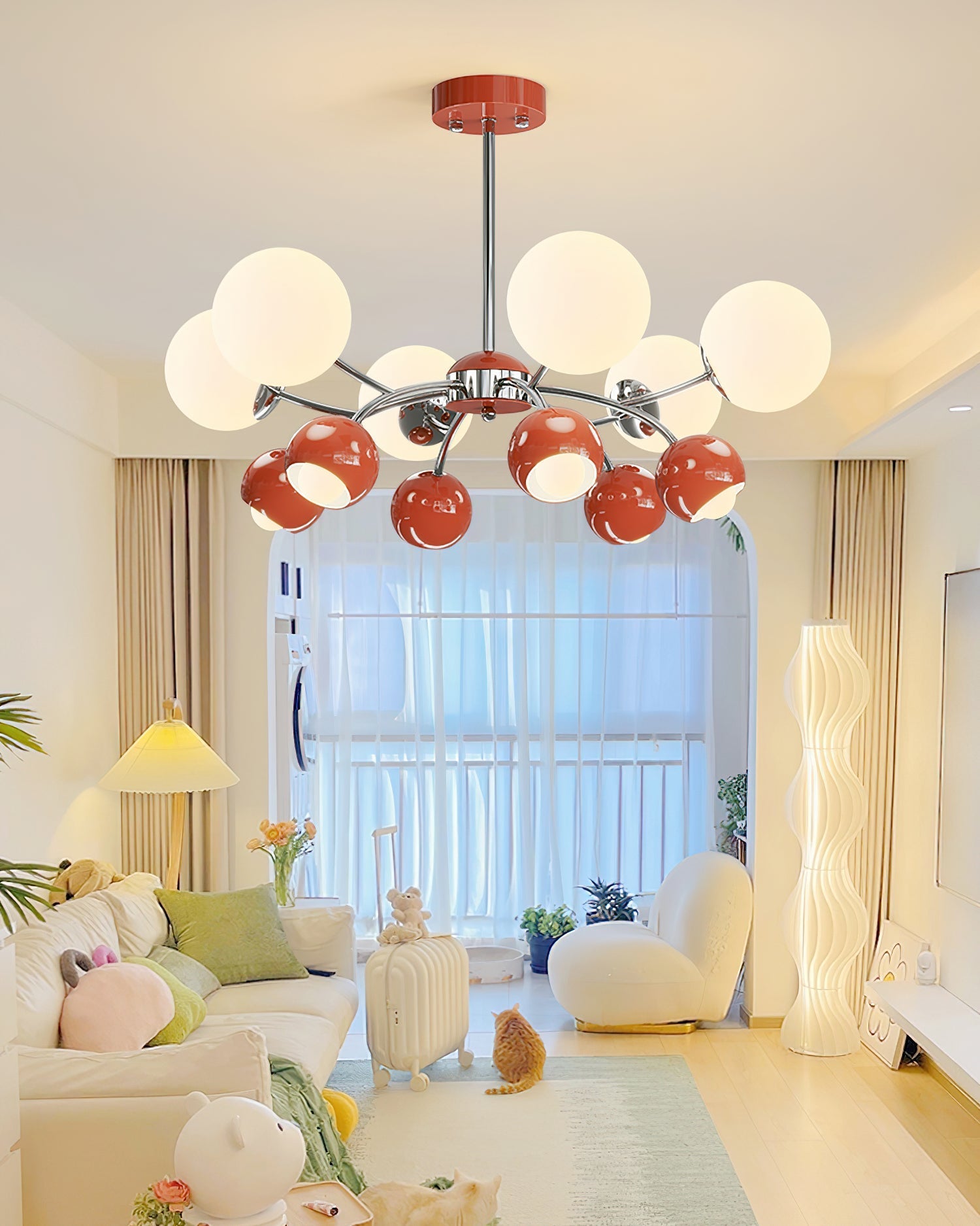 Noxiren Chandelier Chrome Red Cream Globe-Neutral Decor