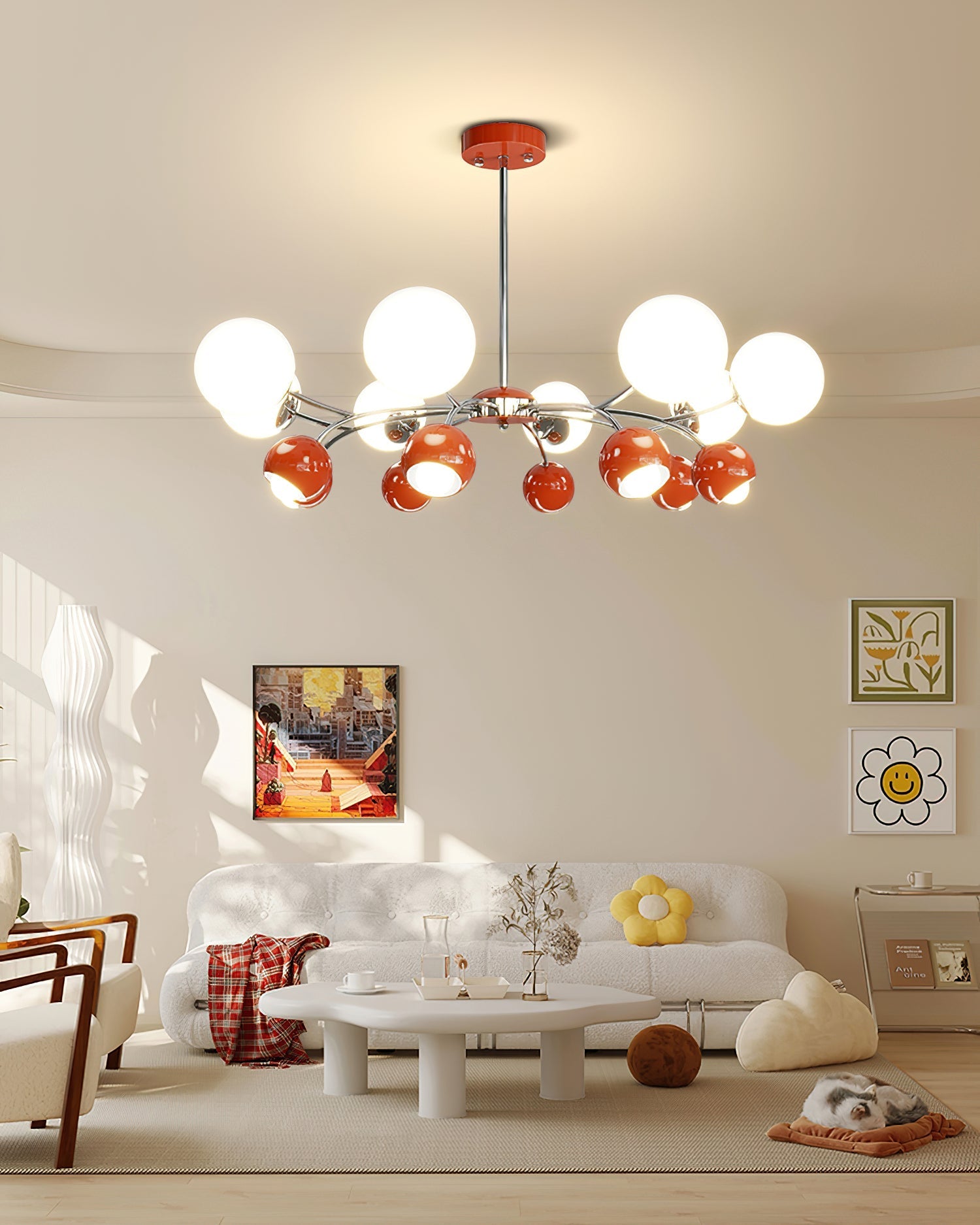 Noxiren Chandelier Chrome Red Cream Globe-Neutral Decor