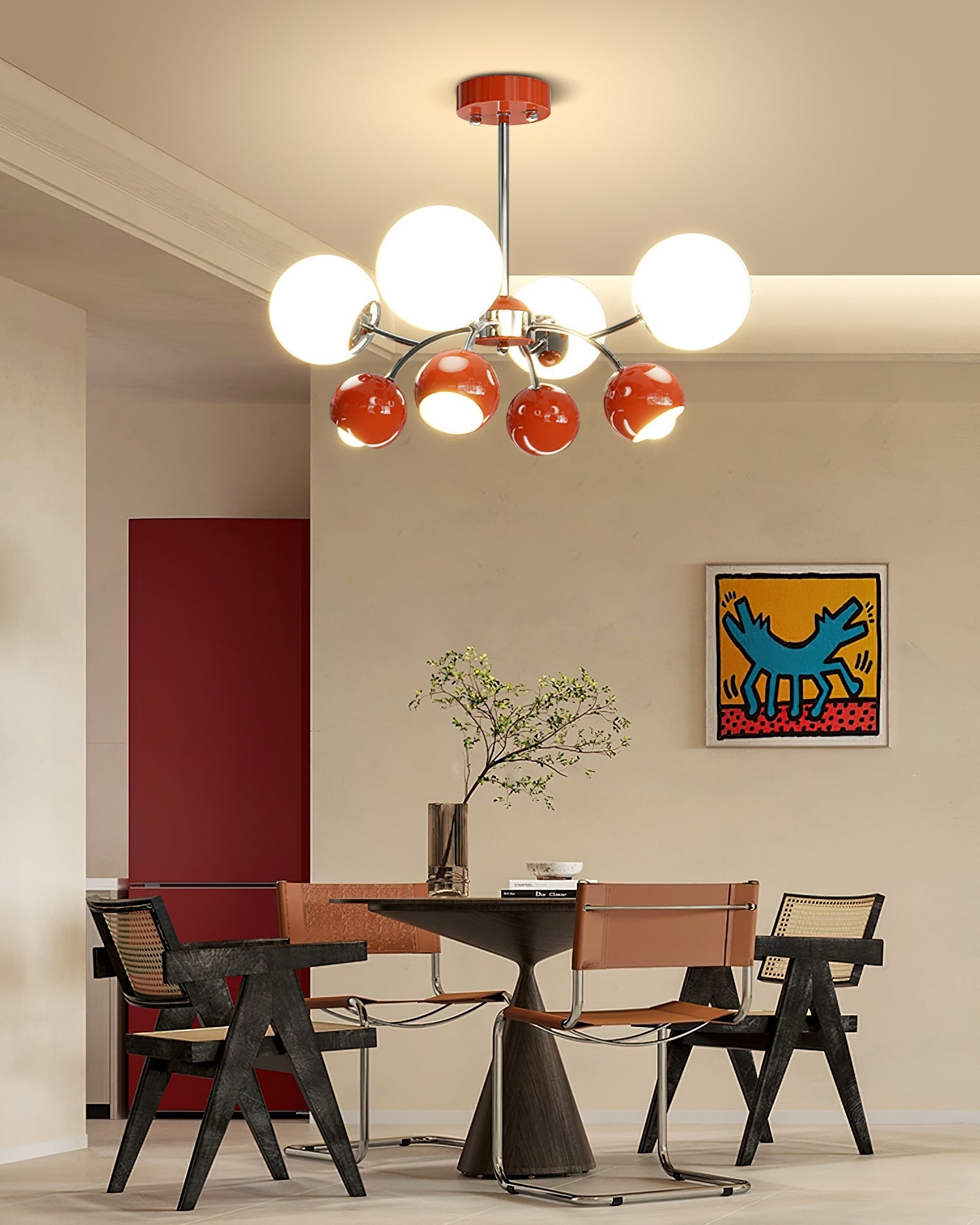 Noxiren Chandelier Chrome Red Cream Globe-Neutral Decor