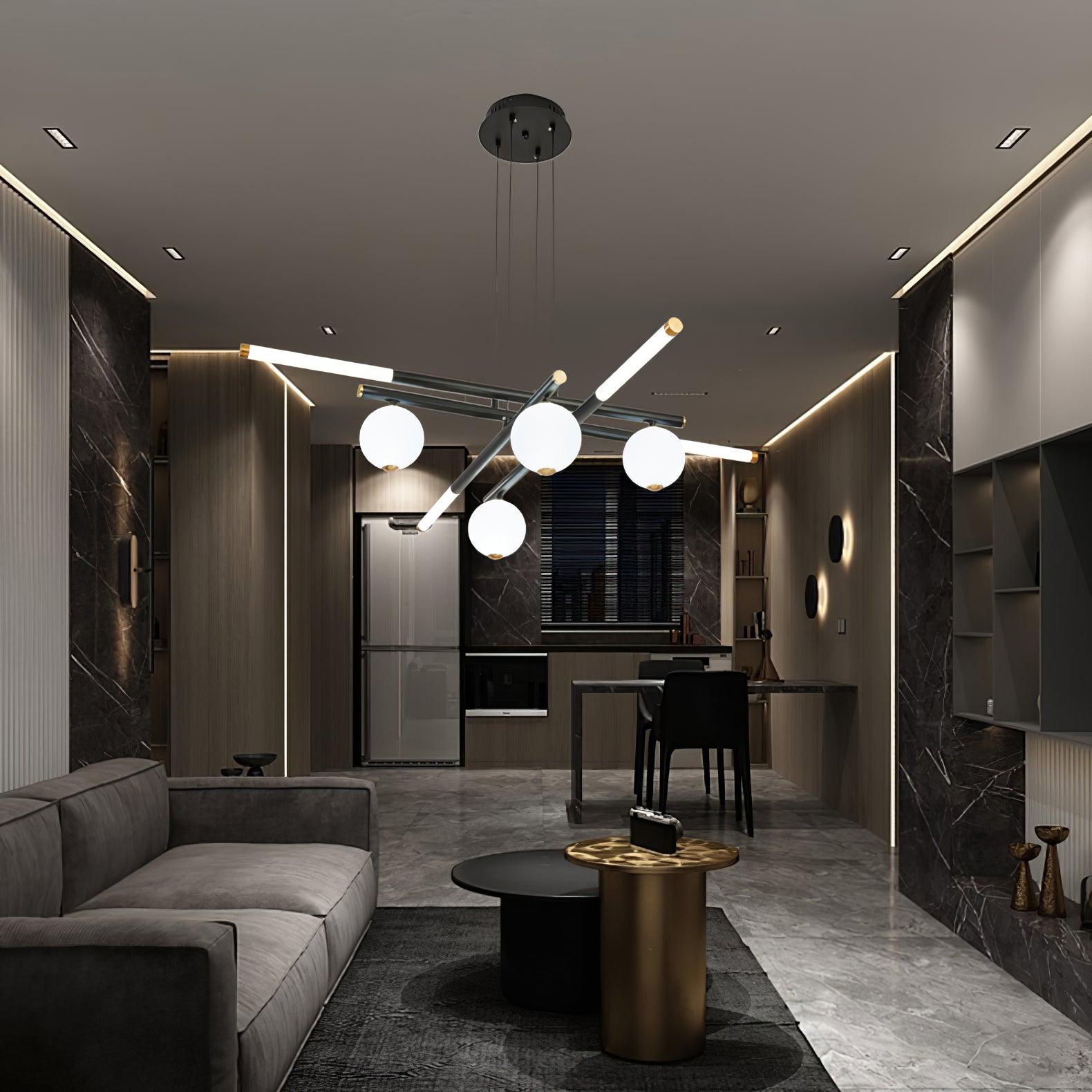 Chandelier Black White Rods and Globe Modern-Neutral Decor