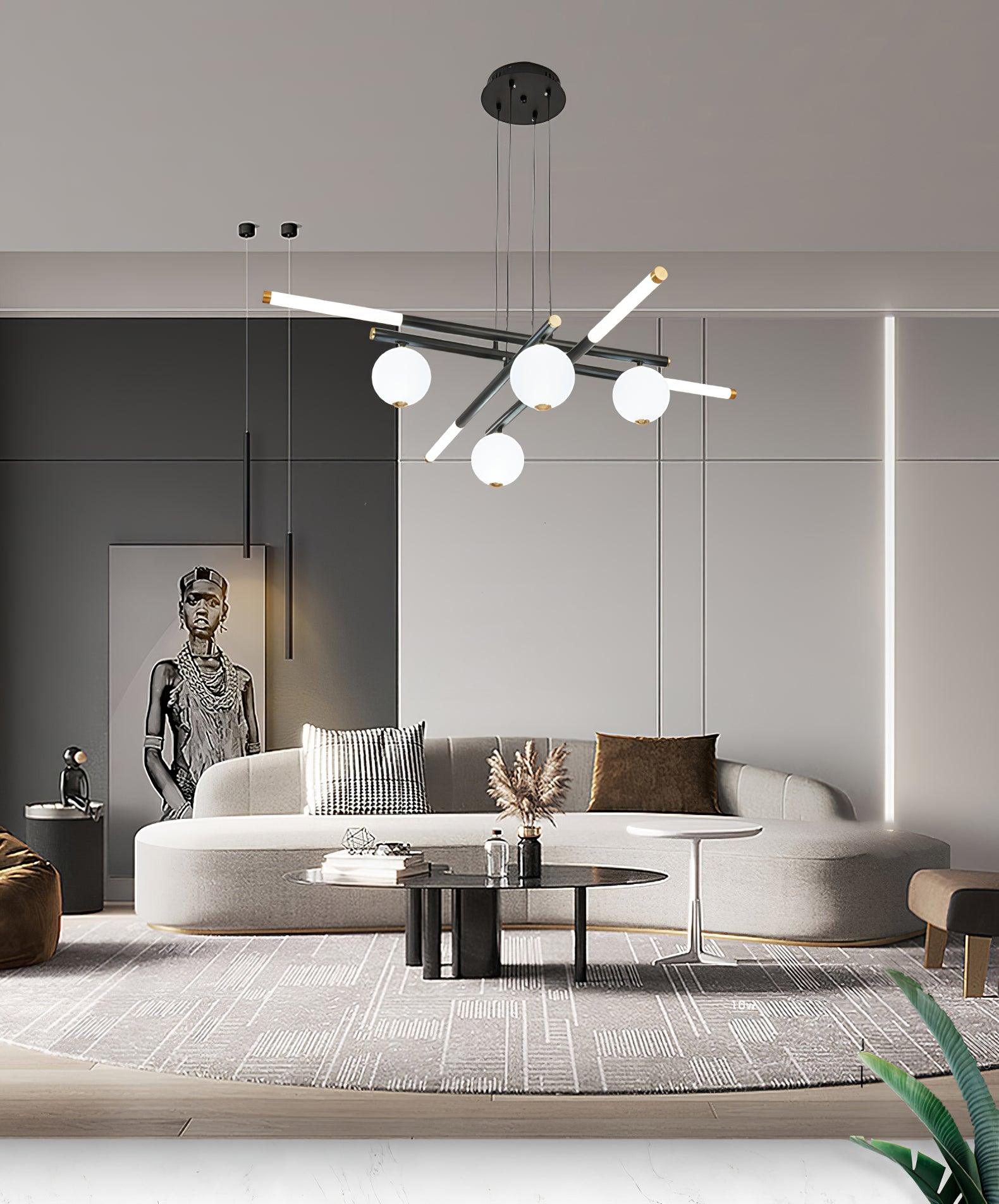 Chandelier Black White Rods and Globe Modern-Neutral Decor