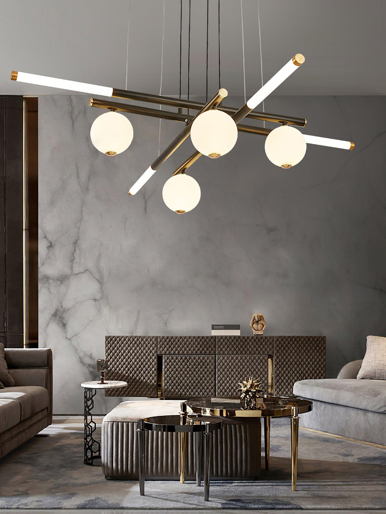 Chandelier Black White Rods and Globe Modern-Neutral Decor
