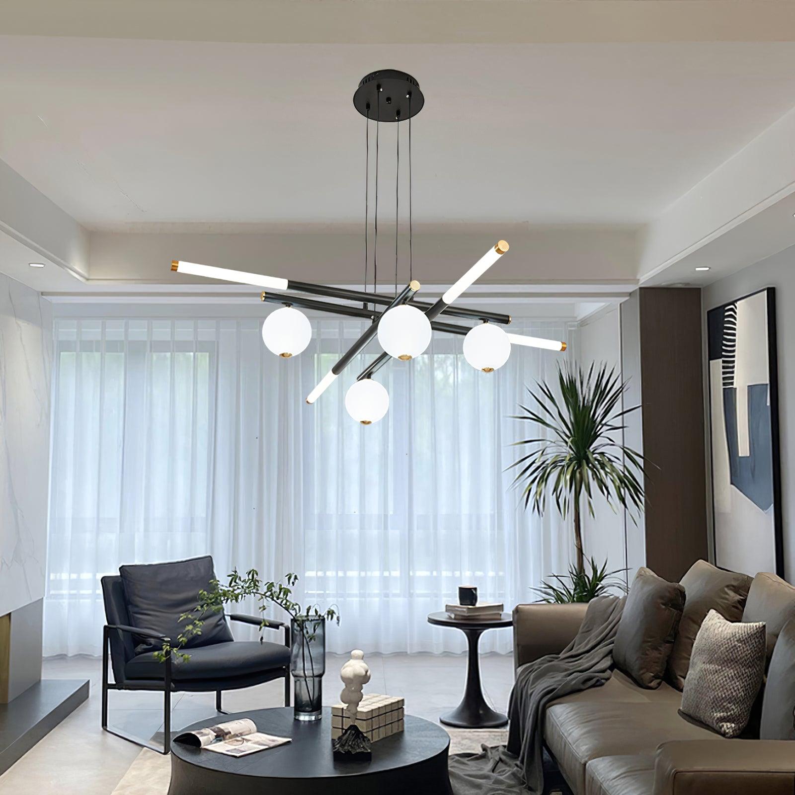 Chandelier Black White Rods and Globe Modern-Neutral Decor