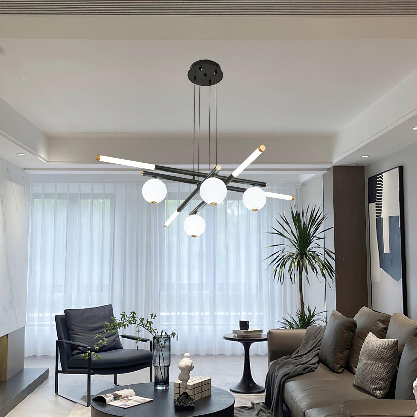 Chandelier Black White Rods and Globe Modern-Neutral Decor