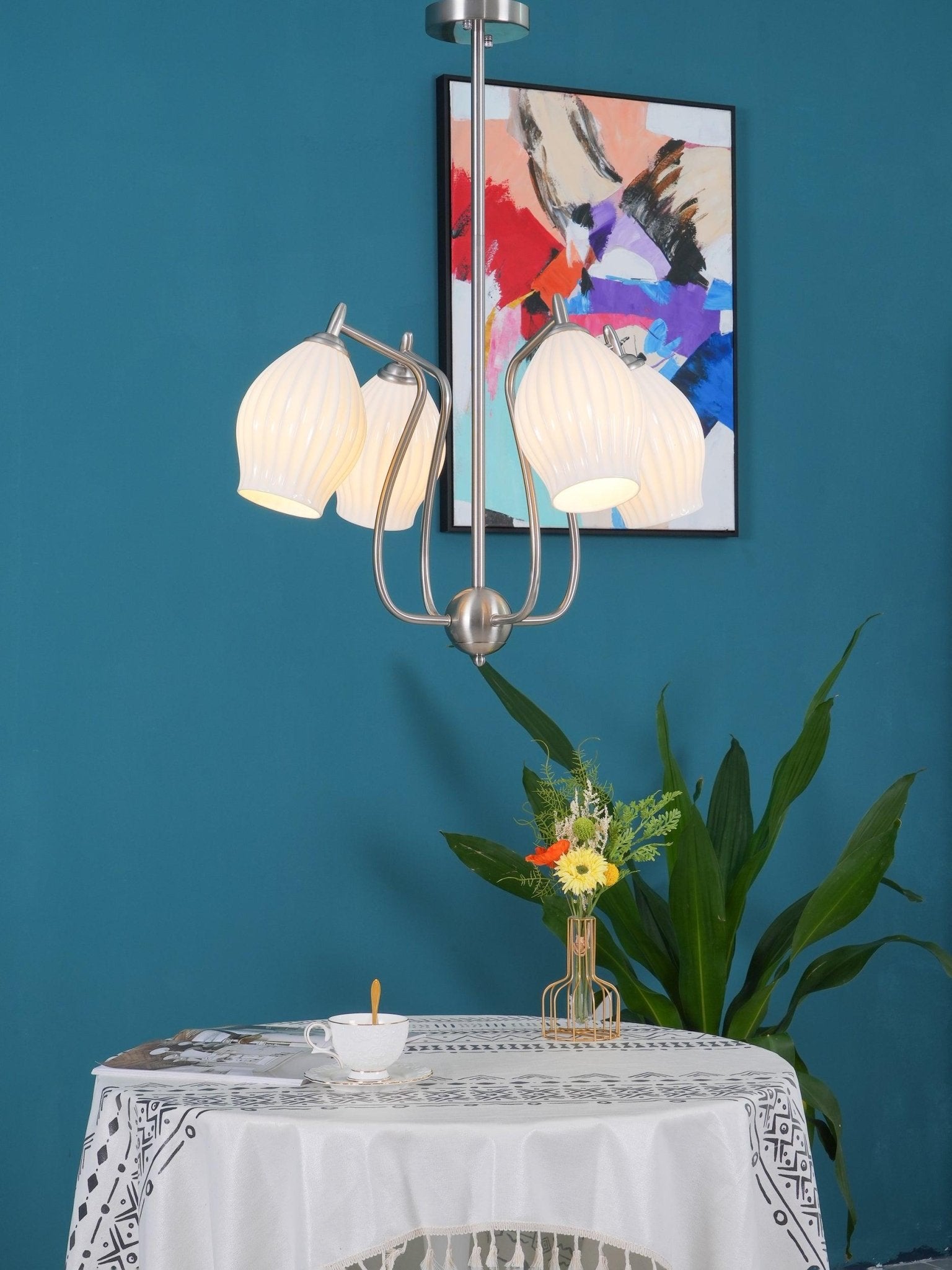 Pravin Chandelier Ceramic Ribbed Sculptural Glass Elegant-Neutral Decor