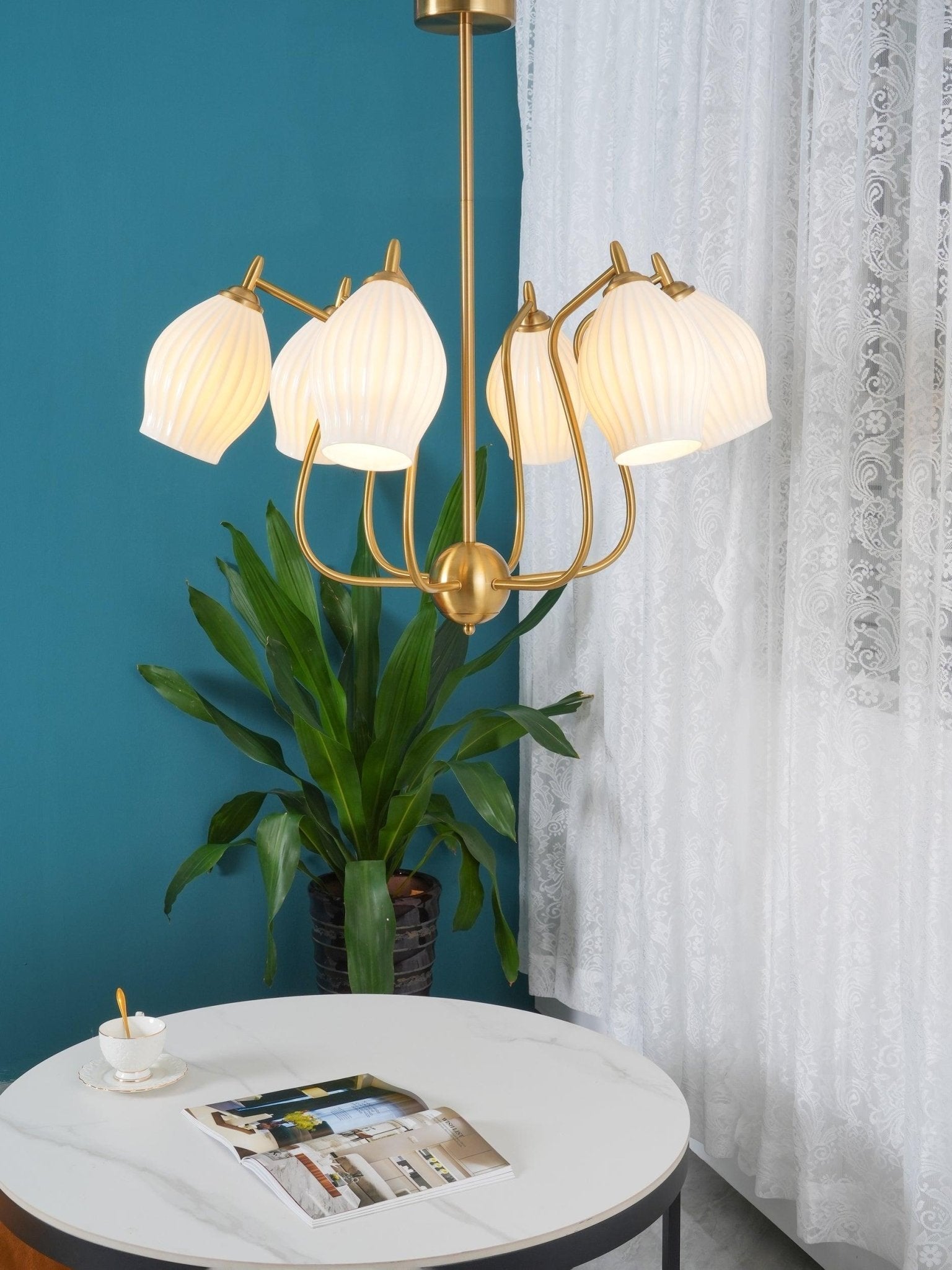 Pravin Chandelier Ceramic Ribbed Sculptural Glass Elegant-Neutral Decor