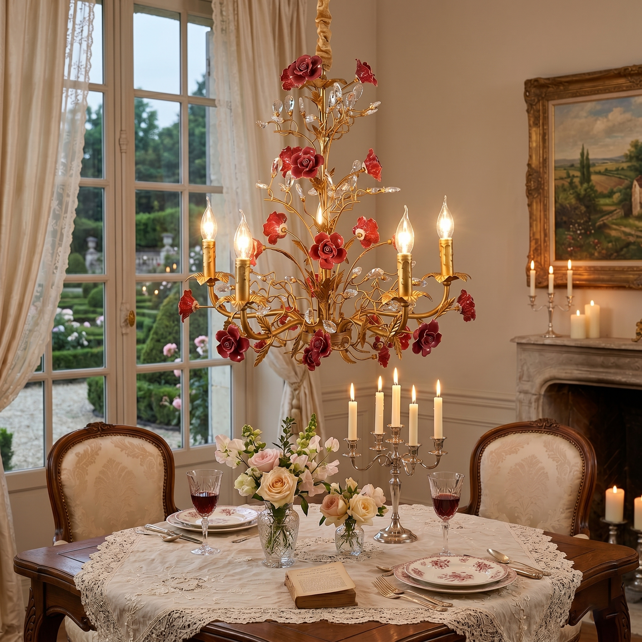 The 6-head chandelier, providing ample illumination.