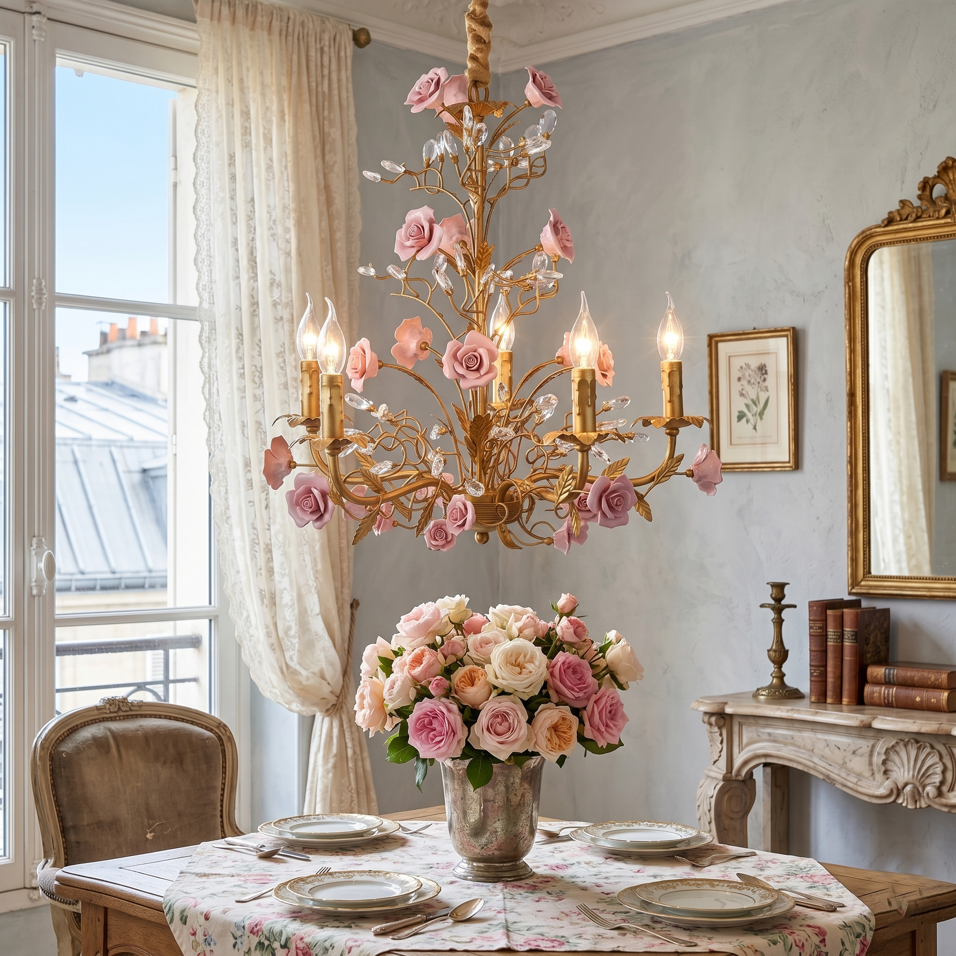 Angled view highlighting the intricate floral embellishments.