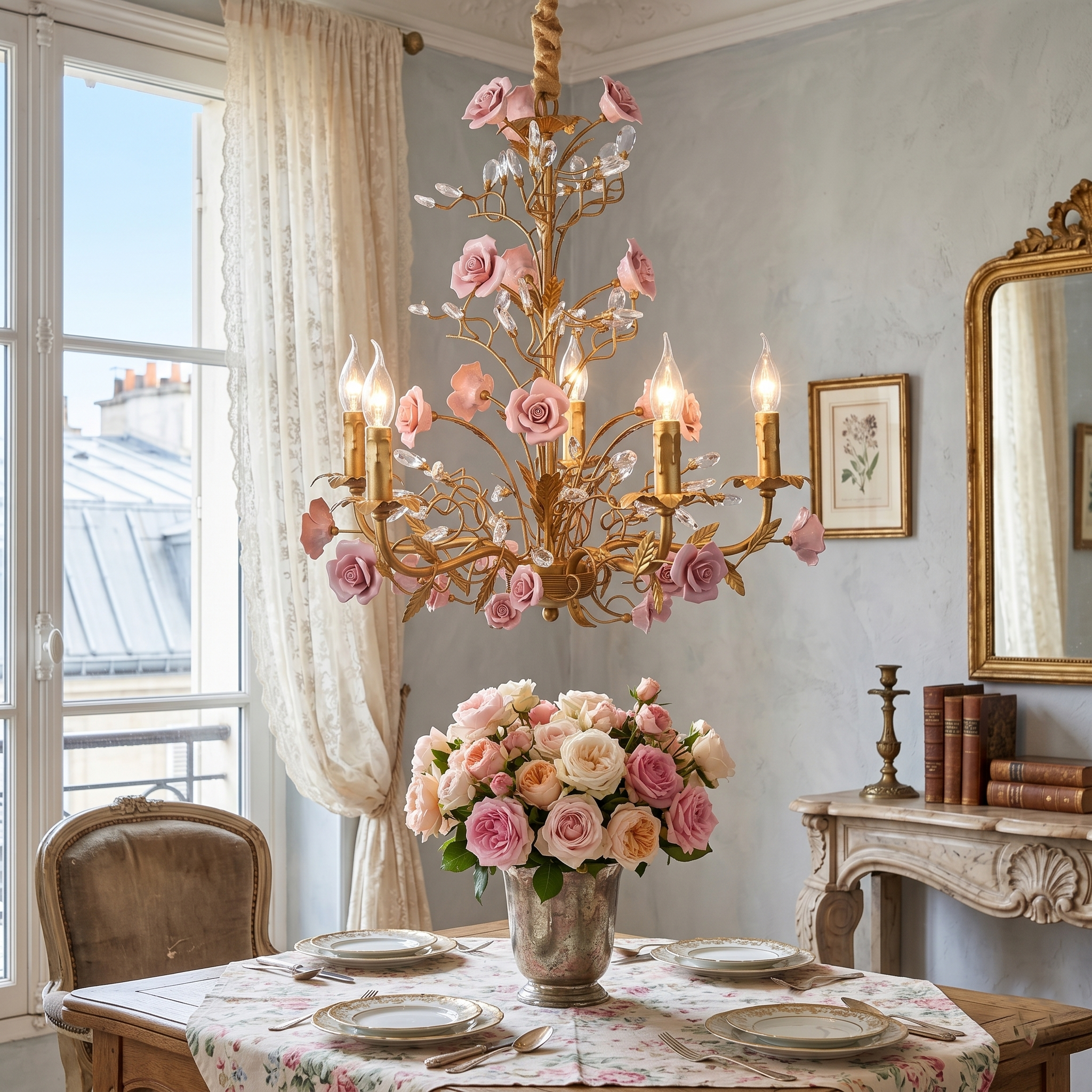 Angled view highlighting the intricate floral embellishments.
