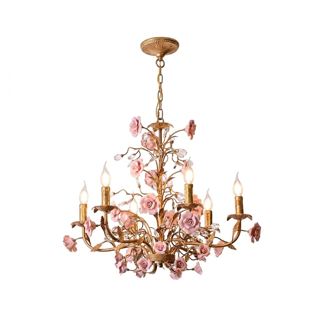 Ceramic rose vine chandelier in a pink finish.