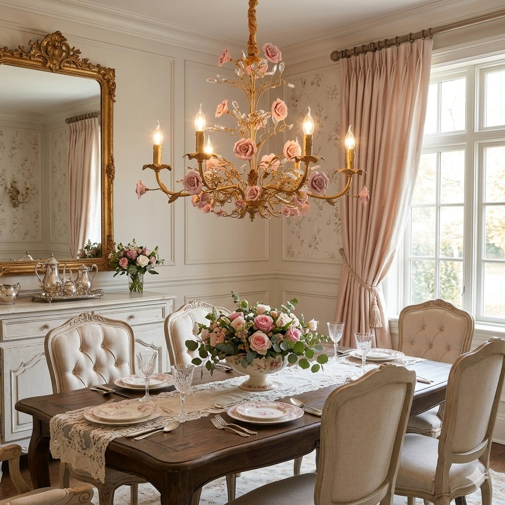 The chandelier illuminated, casting a warm glow.