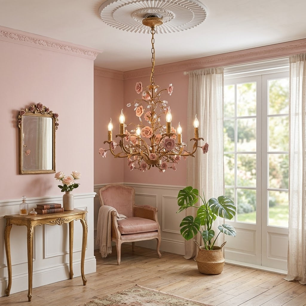 Pink ceramic chandelier adding elegance to an entryway.