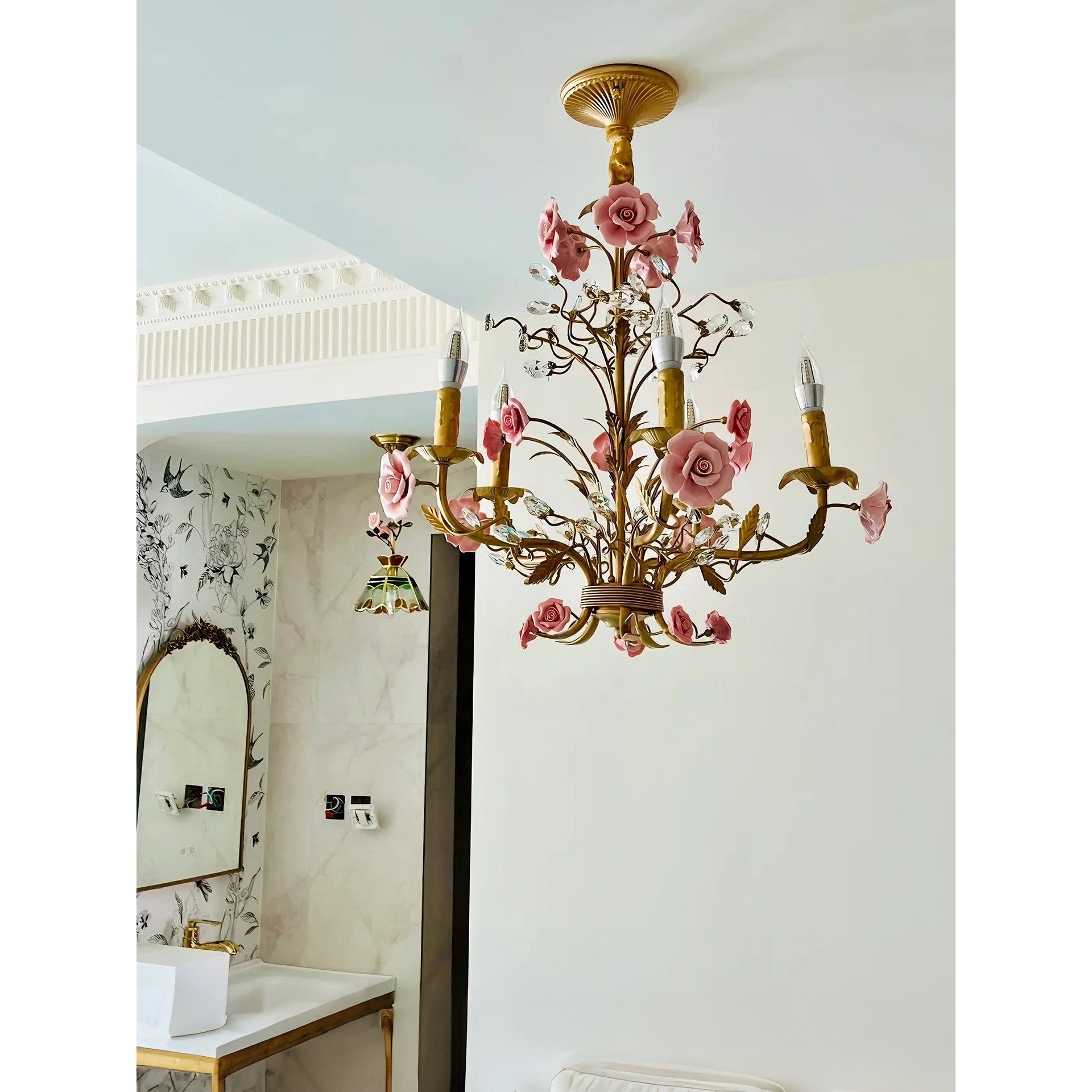 Red finish chandelier creating a bold statement.