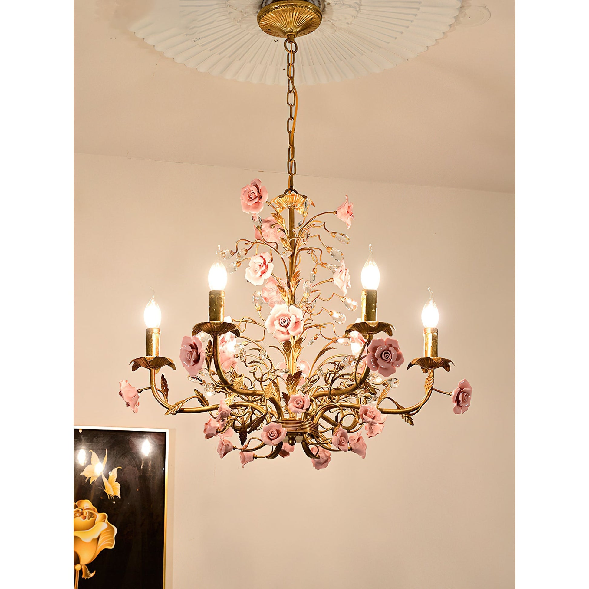 Full view of the 8-head pink ceramic chandelier.