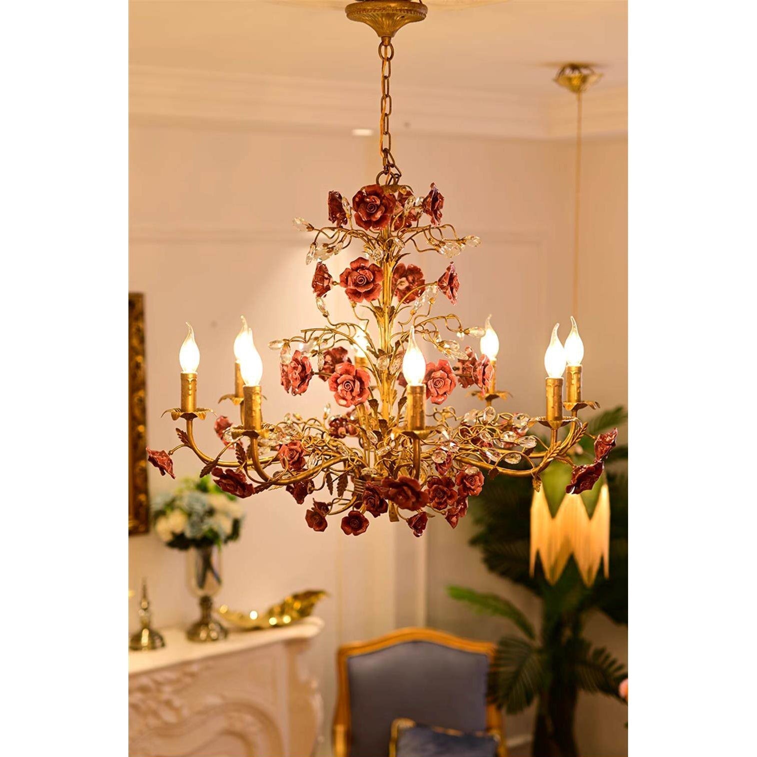 Detail of the sparkling crystal droplets on the chandelier.