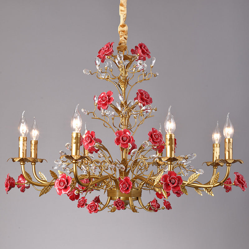 The pink chandelier in a romantic bedroom setting.
