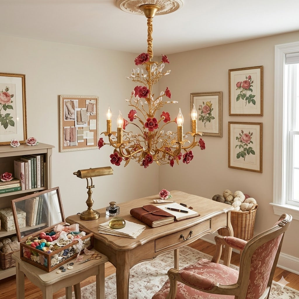 View from underneath the ceramic rose chandelier.