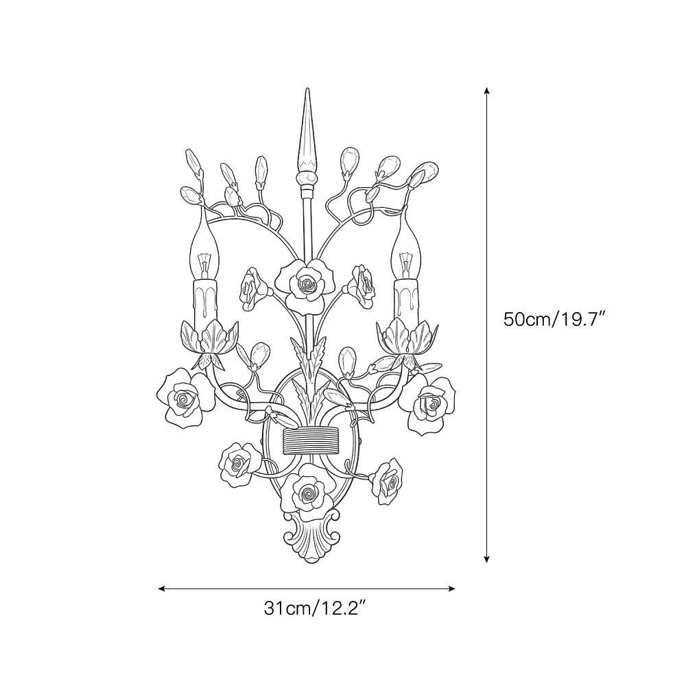 The two-head wall sconce illuminated, casting a warm and inviting glow.