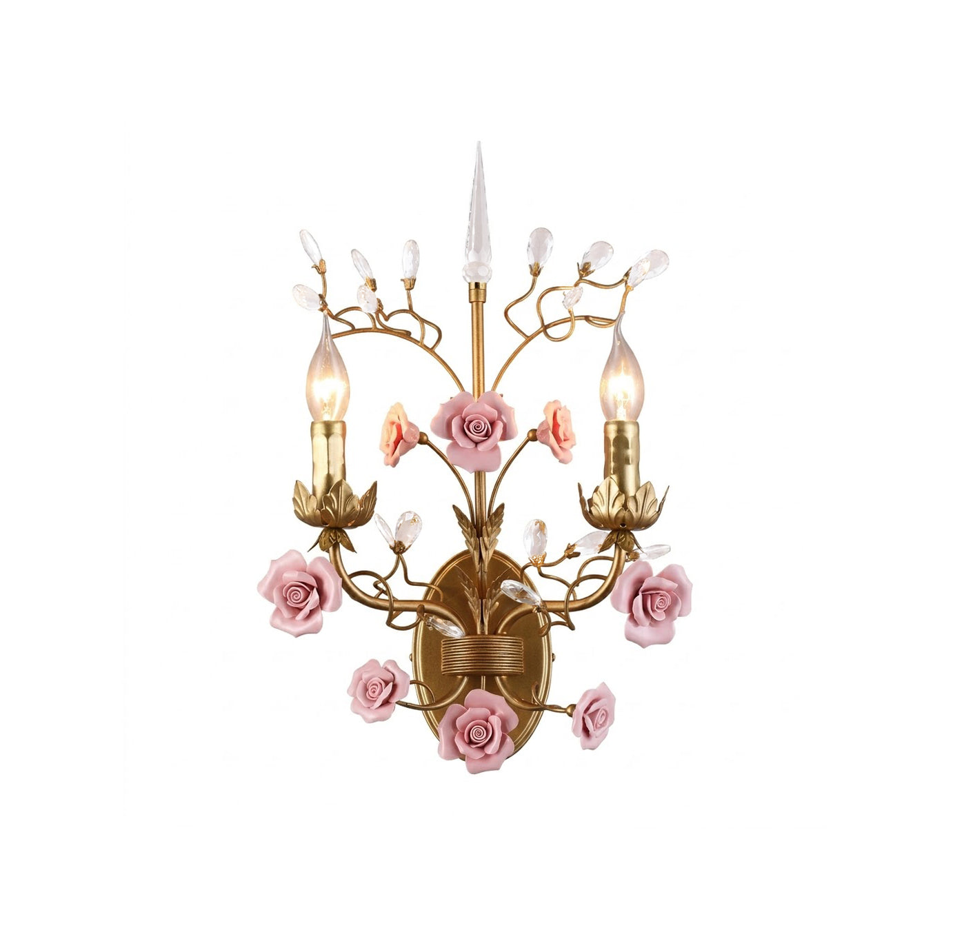Ceramic rose vine wall sconce in a delicate pink finish.