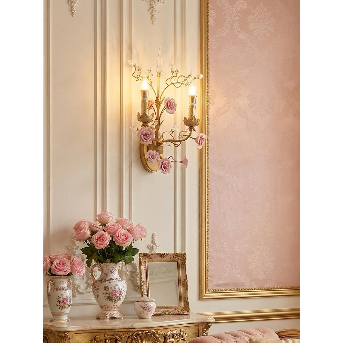 Full view of the elegant rose vine wall light fixture.