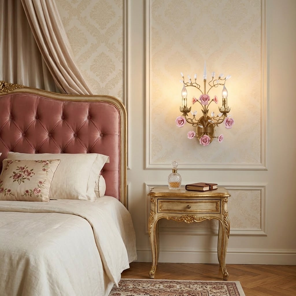 Detail shot highlighting the sparkling crystal accents on the sconce.
