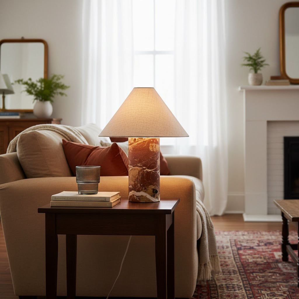 The lamp illuminated, casting a warm, ambient glow in a dark room.