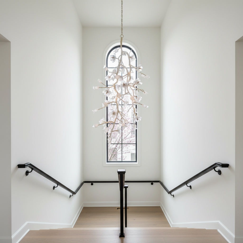 The chandelier shown with a cool-toned brushed silver finish.